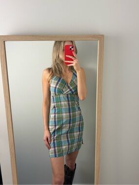 90s vintage plaid halter mini dress